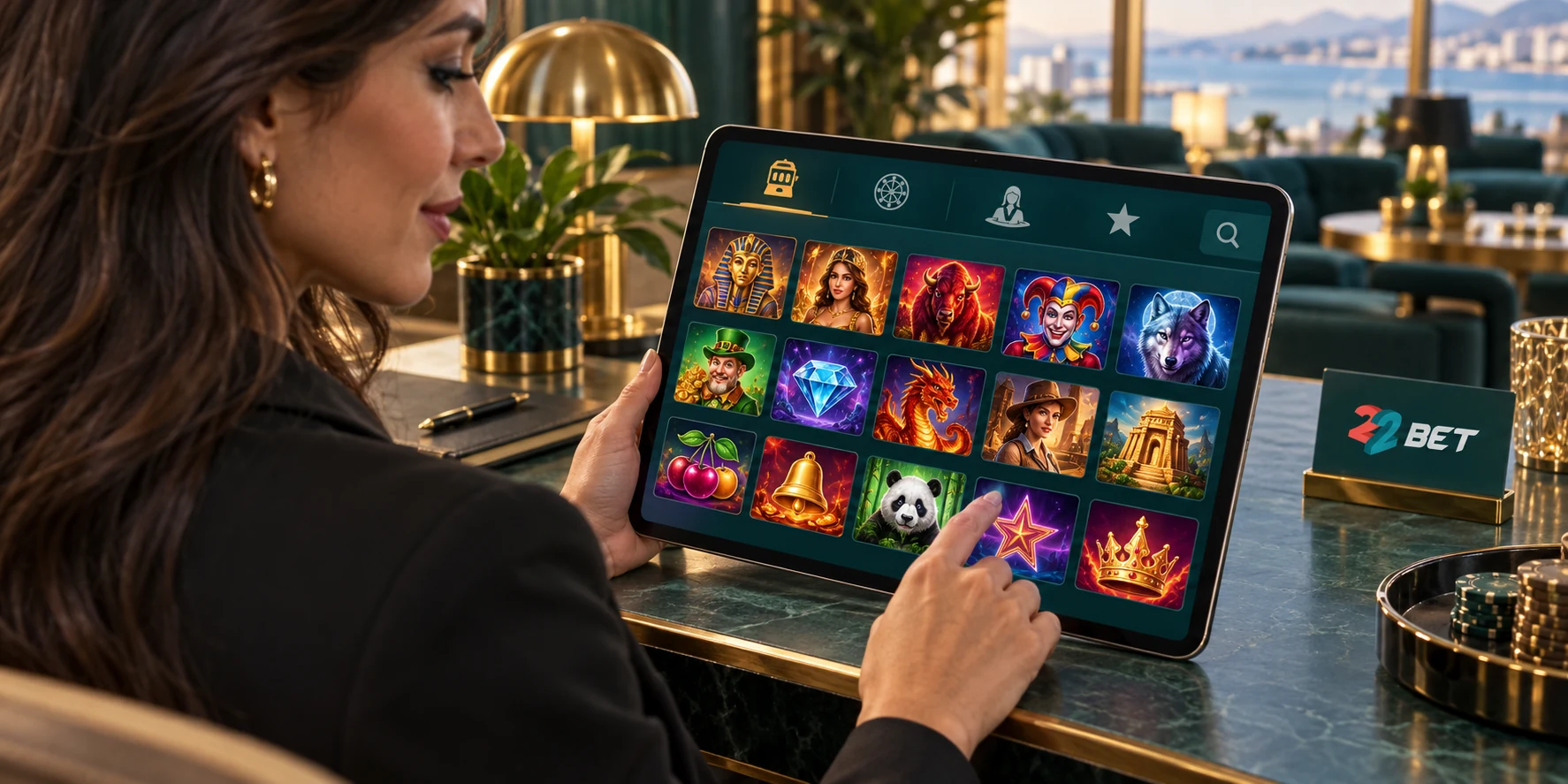 Una usuaria explora el catálogo de juegos en una tableta